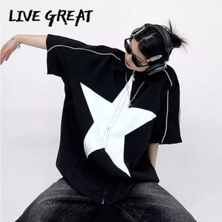 LIVE GREAT เสื้อเชิ้ตผู้ชายแฟชั่นอินเทรนด์ใหม่สไตล์อเมริกันสตรีทพิมพ์ลายแขนสั้นหลวมสบาย ๆ เสื้อเชิ้ตปกเสื้อ