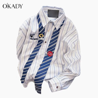 OKADY เสื้อเชิ้ตลายทางสไตล์วิทยาลัยใหม่ฤดูใบไม้ร่วงเสื้อเชิ้ตผูกเนคไทนักเรียนสไตล์วินเทจหลวม