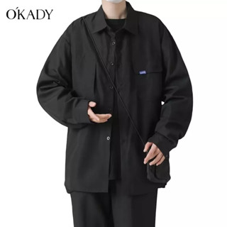 OKADY เสื้อเชิ๊ตเรียบง่ายประจำวันแบบญี่ปุ่นยอดนิยมของผู้ชายแขนยาวมาตรฐานอินเทรนด์