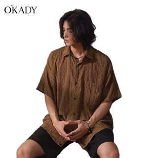 OKADY ใหม่เสื้อเชิ้ตหลวมสีทึบเรียบง่ายของผู้ชายกลวงเยาวชนแขนสั้นยอดนิยม