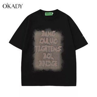 OKADY ยุโรปและอเมริกาฮิปฮอปตัวอักษรกราฟฟิตีแขนสั้นเสื้อยืดผู้ชายอินเทรนด์แบรนด์หลวมคู่สบายๆทุกการแข่งขันเสื้อยืด