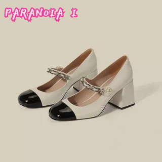 PARANOIA  I  รองเท้าส้นสูงใหม่ของผู้หญิง แมรี่ เจนชาวฝรั่งเศส รองเท้าหนังแพลตฟอร์มสีดำและสีขาว