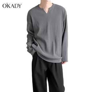 OKADY เสื้อคอวีแขนยาวผู้ชายหลวมสบาย ๆ ลายด้านล่างเสื้อ