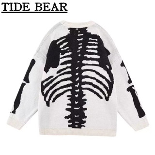 TIDE BEAR เสื้อกันหนาวผู้ชาย อเมริกันเรโทรถนน ชุดคู่ฮิปฮอป กรอบกะโหลกศีรษะพิมพ์เสื้อถักหลวมบาง