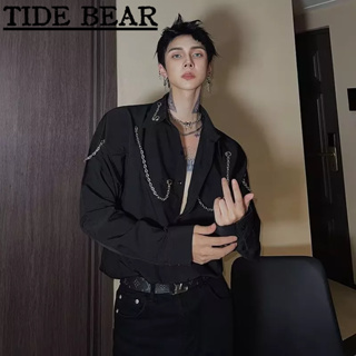 TIDE BEAR เสื้อผู้ชาย อเมริกันย้อนยุคถนนแขนยาว ห่วงโซ่คอคิวบาแฟชั่นสูงด้านบน