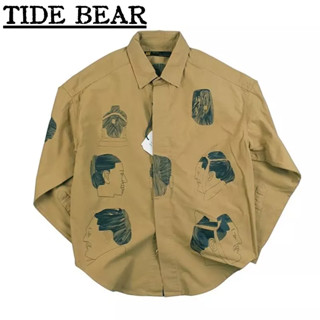 TIDE BEAR เสื้อผู้ชาย อเมริกันย้อนยุคถนนแขนยาว พิมพ์ตัวอักษรแฟชั่นวรรณกรรมแจ็คเก็ตที่เรียบง่าย