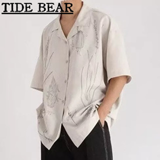 TIDE BEAR เสื้อผู้ชาย เกาหลีแขนสั้นลำลอง ย้อนยุคพืชเย็บปักถักร้อยคอคิวบาคู่หลวมและระดับไฮเอนด์