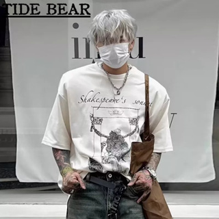 TIDE BEAR เสื้อยืดผู้ชาย อเมริกันย้อนยุคถนนแขนสั้น ตัวอักษรตัวอักษรพิมพ์แฟชั่นผ้าฝ้ายขนาดเล็กคอหลวมด้านบน