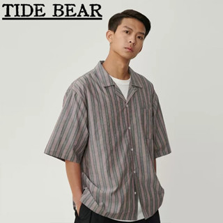 TIDE BEAR เสื้อผู้ชาย เกาหลีย้อนยุคแขนสั้นลำลอง แฟชั่นสูงลายปกด้านบน