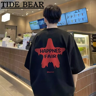 TIDE BEAR เสื้อยืดผู้ชาย เกาหลีย้อนยุคแขนสั้นลำลอง แฟชั่นดาวพิมพ์คู่ฮิปฮอปด้านบน