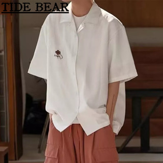 TIDE BEAR เสื้อผู้ชาย เกาหลีย้อนยุคแขนสั้นลำลอง Summerร้อนเย็บ,ตัด,เย็บปักถักร้อยดอกไม้,คิวบาหลวมคอด้านบน