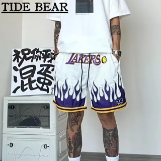 TIDE BEAR กางเกงผู้ชาย เวอร์ชั่นเกาหลีของย้อนยุคสูงถนนเปลวไฟเย็บปักถักร้อยบาสเกตบอลช่องตาข่ายหลวมกีฬ