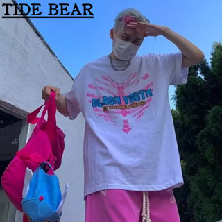 TIDE BEAR เสื้อยืดผู้ชาย อเมริกันย้อนยุคถนนแขนสั้น Summerร้อนหัวใจตัวอักษรพิมพ์แฟชั่นด้านบนหลวม