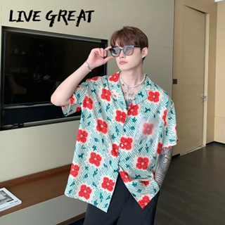 LIVE GREATเสื้อผู้ชายฤดูร้อนพิมพ์หลวมสบายๆการแข่งขันทั้งหมดย้อนยุคผ้าม่านด้านบน