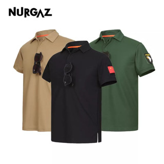 NURGAZ เสื้อยืดลายยุทธวิธีกลางแจ้ง เสื้อยืดคอโปโลสําหรับผู้ชายแขนสั้น เสื้อยืดขาดีดหลวมๆ แบบ POLO