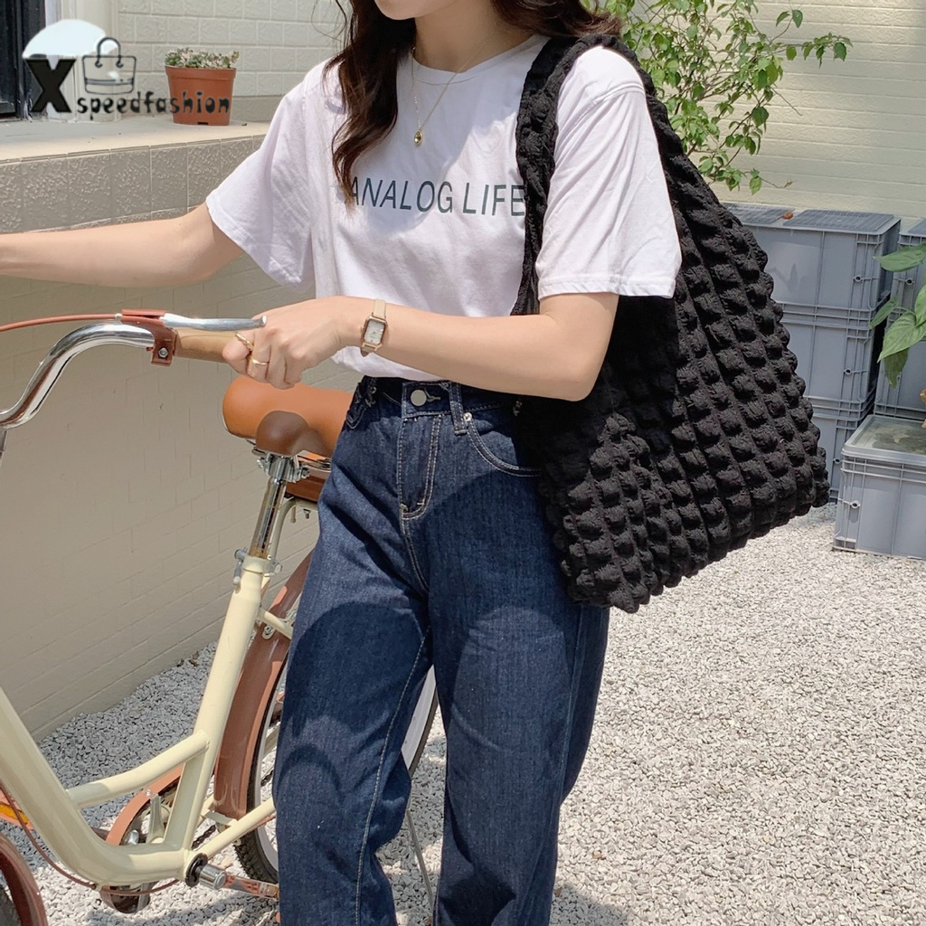xspeedfashion(X1814) กระเป๋าผ้าย่น ทรงนิ่ม ผ้ายับ สุดน่ารักแนวเกาหลี