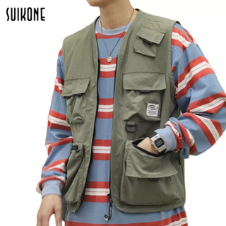 Suikone   เสื้อกั๊กสไตล์การทำงานใหม่ของผู้ชายเสื้อกั๊กหลายกระเป๋าสีทึบที่ทันสมัยและเป็นที่นิยมทั้งชายและหญิงสามารถสวมใส่ได้