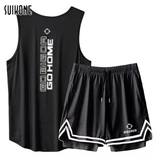 Suikone   ใหม่ผู้ชายแห้งเร็วบาสเก็ตบอลวิ่งกีฬาฟิตเนสเสื้อกั๊กกางเกงขาสั้นเหมาะกับเสื้อยืดแขนกุดฝึกกีฬา