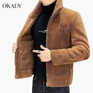 OKADY【ราคาเคลียร์】ใหม่ Sherpa Lapel COLLAR เสื้อโค้ทสั้นของผู้ชายหนาขึ้นเสื้อโค้ทหนังขนาดใหญ่ขึ้น