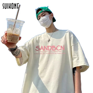 Suikone เสื้อยืดหลวมสไตล์อเมริกันแขนสั้นผู้ชาย ท็อปส์ซูขนาดบวกแบรนด์ยอดนิยมของนักเรียน