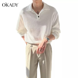 OKADY เสื้อโปโลผู้ชายแขนยาวสีพื้นวาฟเฟิลปกโปโลมินิมอลสไตล์ที่คุ้นเคยเบาเสื้อทรงหลวม