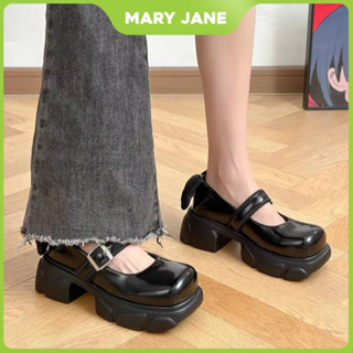 Mary Jane ก้นหนา รองเท้าสไตล์ Preppy หัวเข็มขัดคำเดียว รองเท้าหัวตาราง