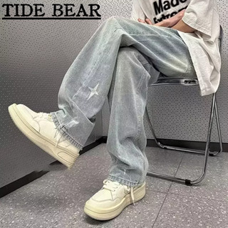 TIDE BEAR กางเกงยีนส์ผู้ชาย เกาหลีย้อนยุคสบายๆ หลอดตรงแฟชั่นการพิมพ์ดาวที่เรียบง่าย