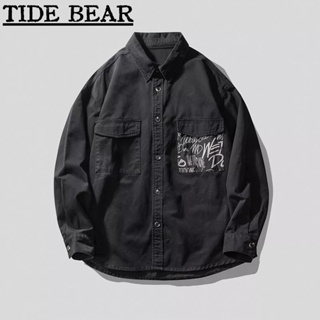 TIDE BEAR เสื้อผู้ชาย เกาหลีย้อนยุคสบายๆ ฮิปฮอปคู่กระเป๋าแฟชั่นสีดำแขนยาวสวมด้านนอก