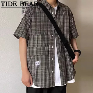 TIDE BEAR เสื้อผู้ชาย เกาหลีย้อนยุคแขนสั้นลำลอง ตาหมากรุกแฟชั่นสูงปกด้านบน