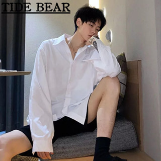 TIDE BEAR เสื้อผู้ชาย เกาหลีย้อนยุคสบายๆ แฟชั่นสูงสีขาวผ้าฝ้ายแขนยาวด้านบน