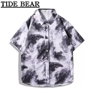 TIDE BEAR เสื้อผู้ชาย เกาหลีย้อนยุคแขนสั้นลำลอง เสื้อเรียบง่ายผูกสีย้อมปกหลวม