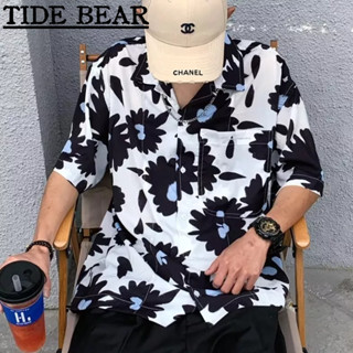 TIDE BEAR เสื้อผู้ชาย เกาหลีย้อนยุคแขนสั้นลำลอง Summerร้อนแฟชั่นสูงบทคัดย่อพิมพ์หลวมด้านบน