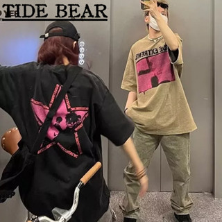 TIDE BEAR เสื้อยืดผู้ชาย อเมริกันเรโทรถนน ฮิปฮอปล้างและสวมใส่ตัวอักษรดาวพิมพ์หลวมแขนสั้นด้านบน