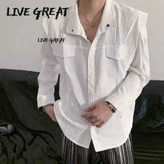 LIVE GREAT  เสื้อเชิ้ตผู้ชายแฟชั่นใหม่เรียบง่ายอเนกประสงค์สีทึบด้านบนหลวมสบาย ๆ ปกแขนยาว