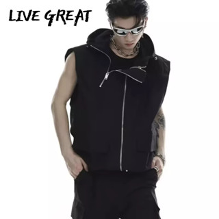 LIVE GREAT เสื้อกั๊กผู้ชายแฟชั่นใหม่สไตล์อเมริกันเสื้อแจ็คเก็ตแขนกุดแบบแห้งเร็วครึ่งซิปเสื้อผ้าป้องกันแสงแดดมีฮู้ดเสื้อกั๊ก