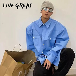 LIVE GREAT เสื้อเชิ้ตผู้ชายเทรนด์ใหม่แฟชั่นการออกแบบที่เรียบง่ายและหลากหลายความรู้สึกเสื้อสีทึบหลวมสบาย ๆ เสื้อเชิ้ตแขนยาวปกเสื้อ