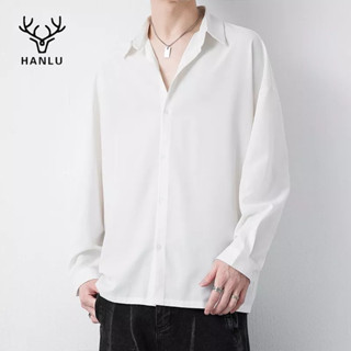 HANLU เสื้อเชิ้ตผู้ชาย ใหม่ เสื้อเชิ้ตผู้ชายแขนยาวสีดำสไตล์เกาหลีหล่ออินเทรนด์ลำลอง