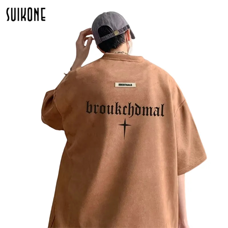 Suikone ผู้ชายใหม่สไตล์ญี่ปุ่นฮาราจูกุตัวอักษรพิมพ์เสื้อยืดแขนสั้นแฟชั่นเสื้อยืดคอกลมเรียบง่าย