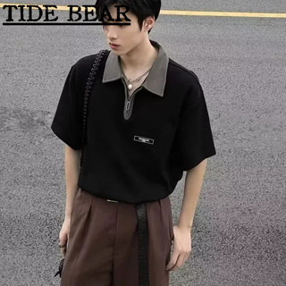 TIDE BEAR เสื้อโปโลผู้ชาย เวอร์ชั่นเกาหลีของย้อนยุคครึ่ง-ห่วงโซ่สั้น-แขนวรรณกรรมปกสีทึบฤดูร้อนด้านบน