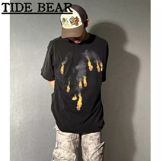 TIDE BEAR เสื้อยืดผู้ชาย อเมริกันย้อนยุคถนนแขนสั้นคู่สไตล์หินปูนพิมพ์รอบคอด้านบน