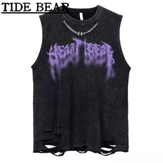 TIDE BEAR ผู้ชาย เสื้อกันหนาวถนนเสื้อกั๊กอเมริกันย้อนยุคตัวอักษรพิมพ์เอชโซ่หลุมรอบคอแขนกุดด้านบน