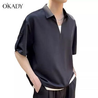 OKADY เสื้อยืดผ้าไหมน้ำแข็งผู้ชายฤดูร้อนออกแบบความรู้สึกคอวีแขนสั้นปกเสื้อโปโลสไตล์ที่คุ้นเคย