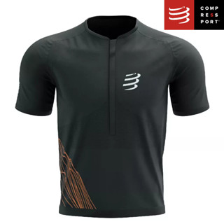 Compressport เสื้อเทรลผู้ชายแขนสั้น มีซิป ทรงหลวม Trail Half-Zip Fitted - Trail Capsule 2023 BLACK / RUST สีดำเทา