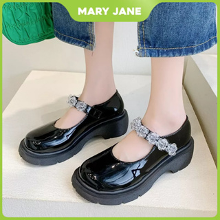 ผู้หญิง loafer  หนัง พื้นรองเท้าหนา รองเท้าไรน์สโตน Mary Jane