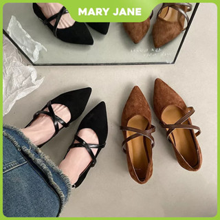 รองเท้าพื้นนิ่ม  ย้อนยุค นิ้วเท้าชี้ ส้นเตี้ย รองเท้าส้นแบนผู้หญิง Mary Jane