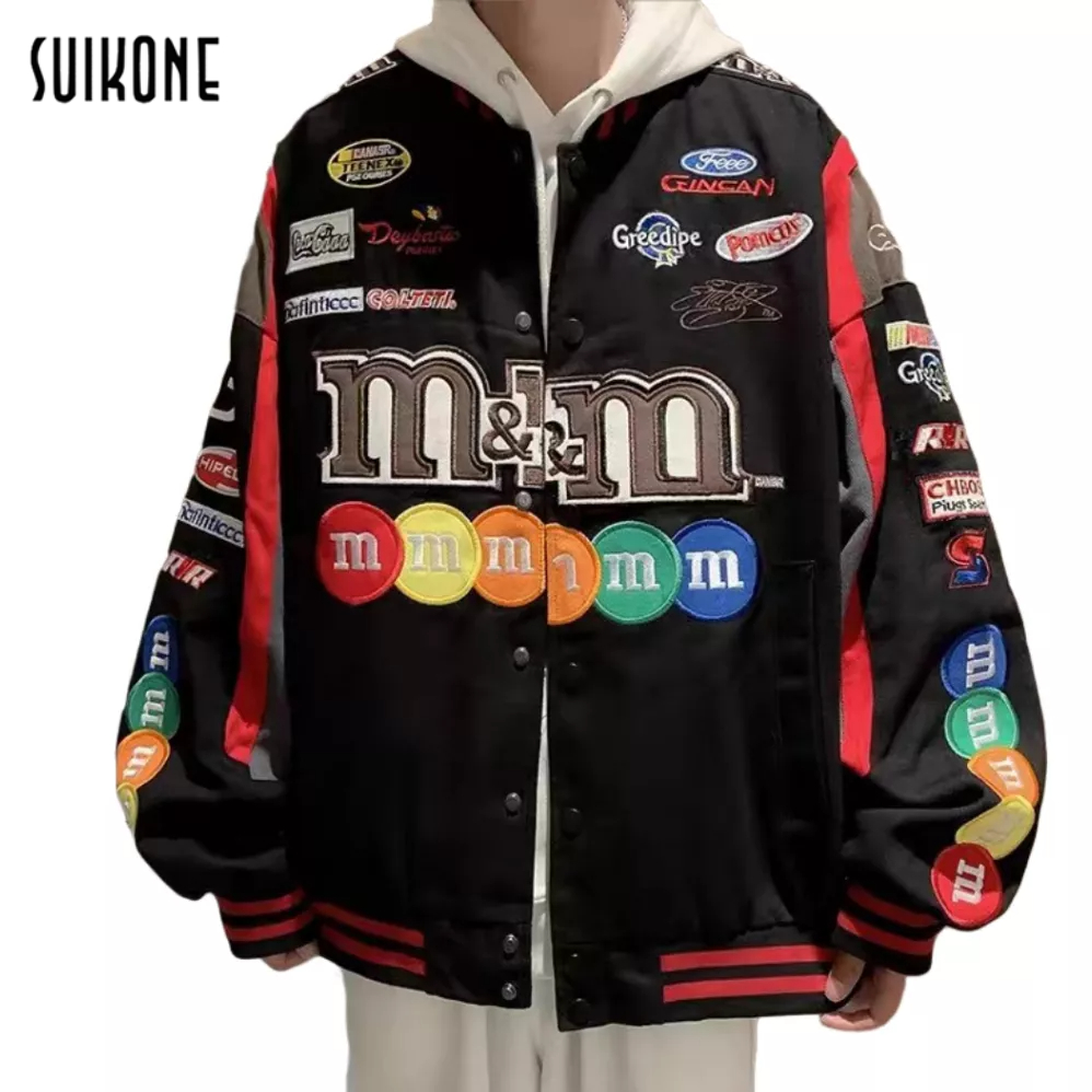 Suikone เสื้อแจ็คเก็ตผู้ชายแขนยาวแฟชั่นสไตล์ฮาราจูกุ MM เสื้อแจ็คเก็ตแขนยาวถั่วใส่ได้ทั้งชายและหญิง