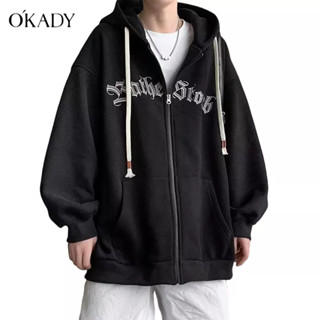 OKADY เสื้อสเวตเตอร์มีฮู้ดทรงหลวมเทรนด์แฟชั่นใหม่สำหรับวัยรุ่นผ้าฟลีซของผู้ชาย