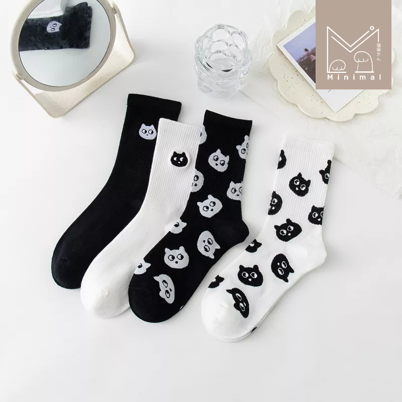 Meawnimal ถุงเท้าข้อยาวลายแมว ขาว–ดำ ใส่ง่าย แมทช์ทุกชุด Size 36–40
