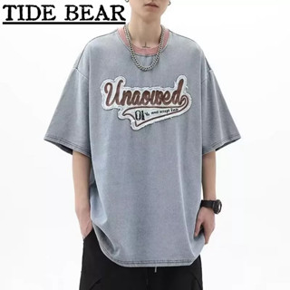 TIDE BEAR เสื้อยืดผู้ชาย อเมริกันเรโทรถนน ออกแบบเฉพาะแพทช์ด้านบนหลวมคู่ยีนส์แขนสั้น