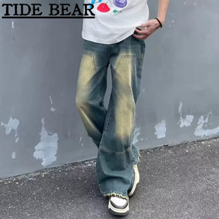 TIDE BEAR กางเกงยีนส์ผู้ชาย เกาหลีย้อนยุคสบายๆ ฮิปฮอปหลุมคมชัดสีไล่ระดับสีหลวมตรงถนนสูงขากว้าง